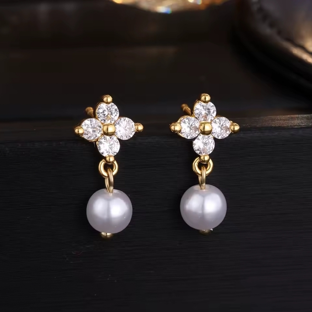 Gold and White Zircon Pearl Earrings - Picture 3 of 3